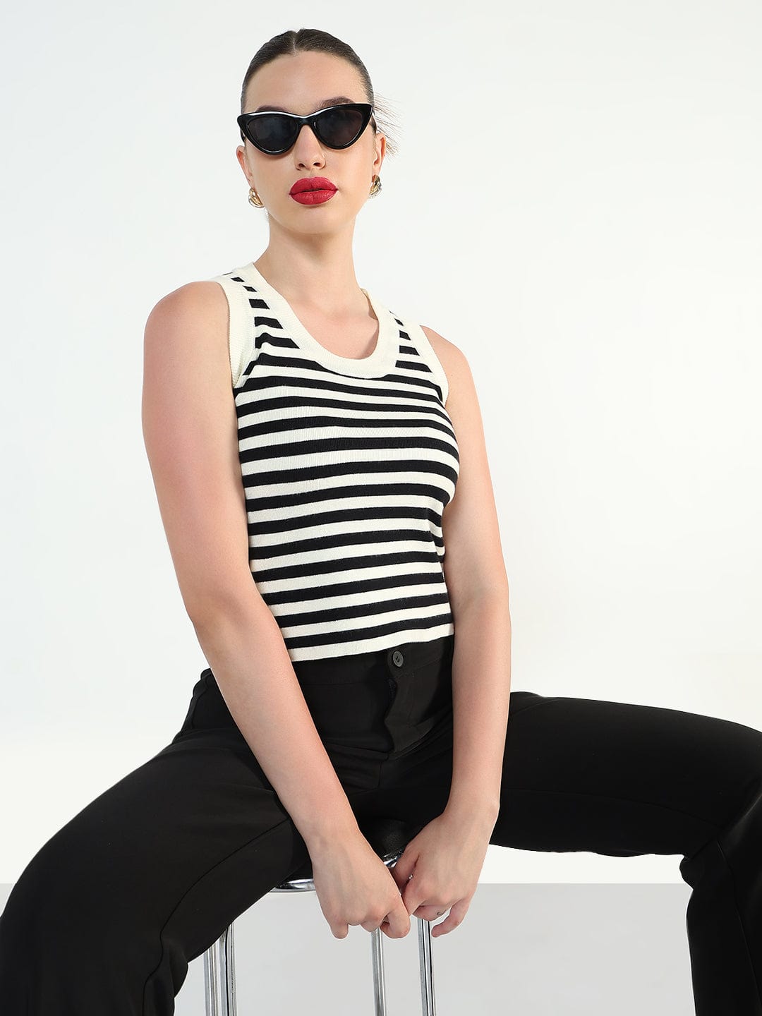 Women's Ribbed Striped Black and White Top