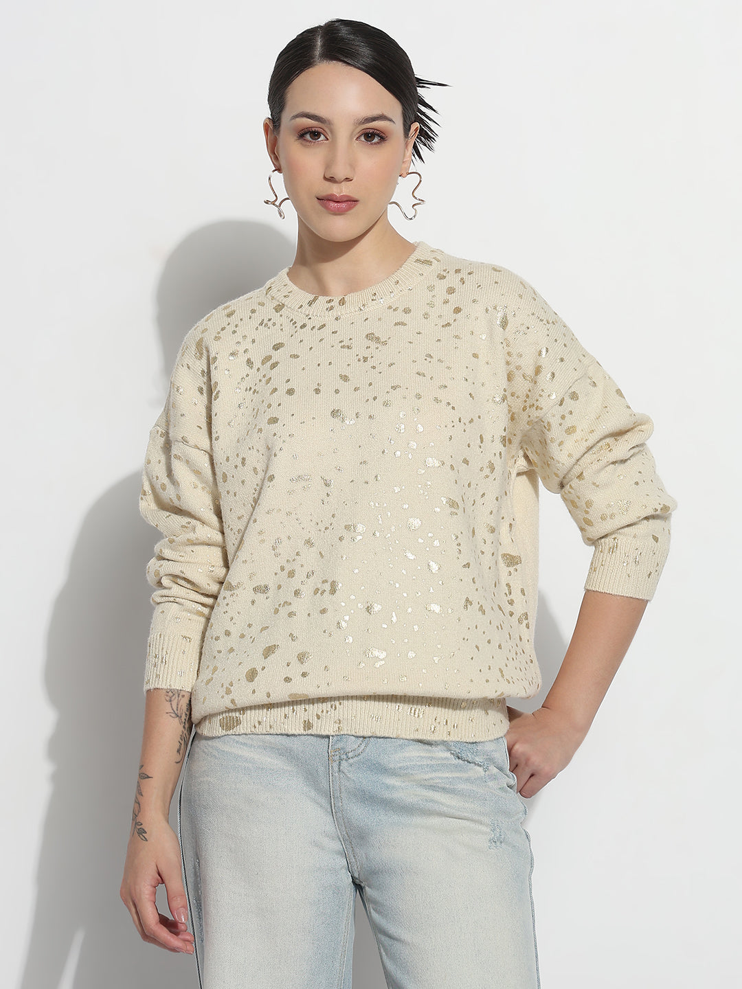 Women's Abstract Cream Round Neck Top with Gold Speckled