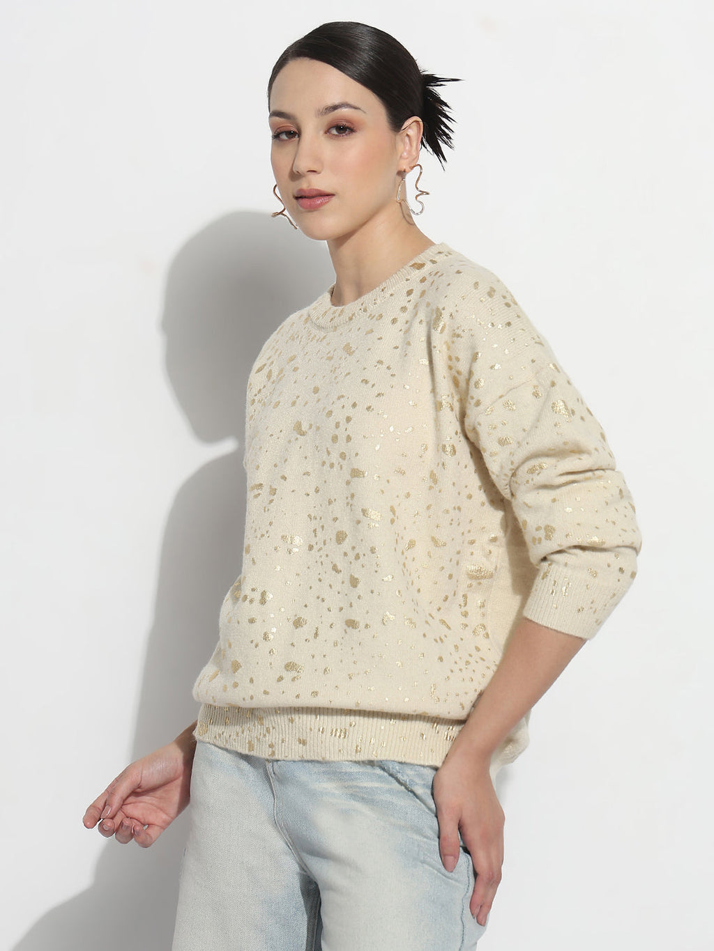Women's Abstract Cream Round Neck Top with Gold Speckled