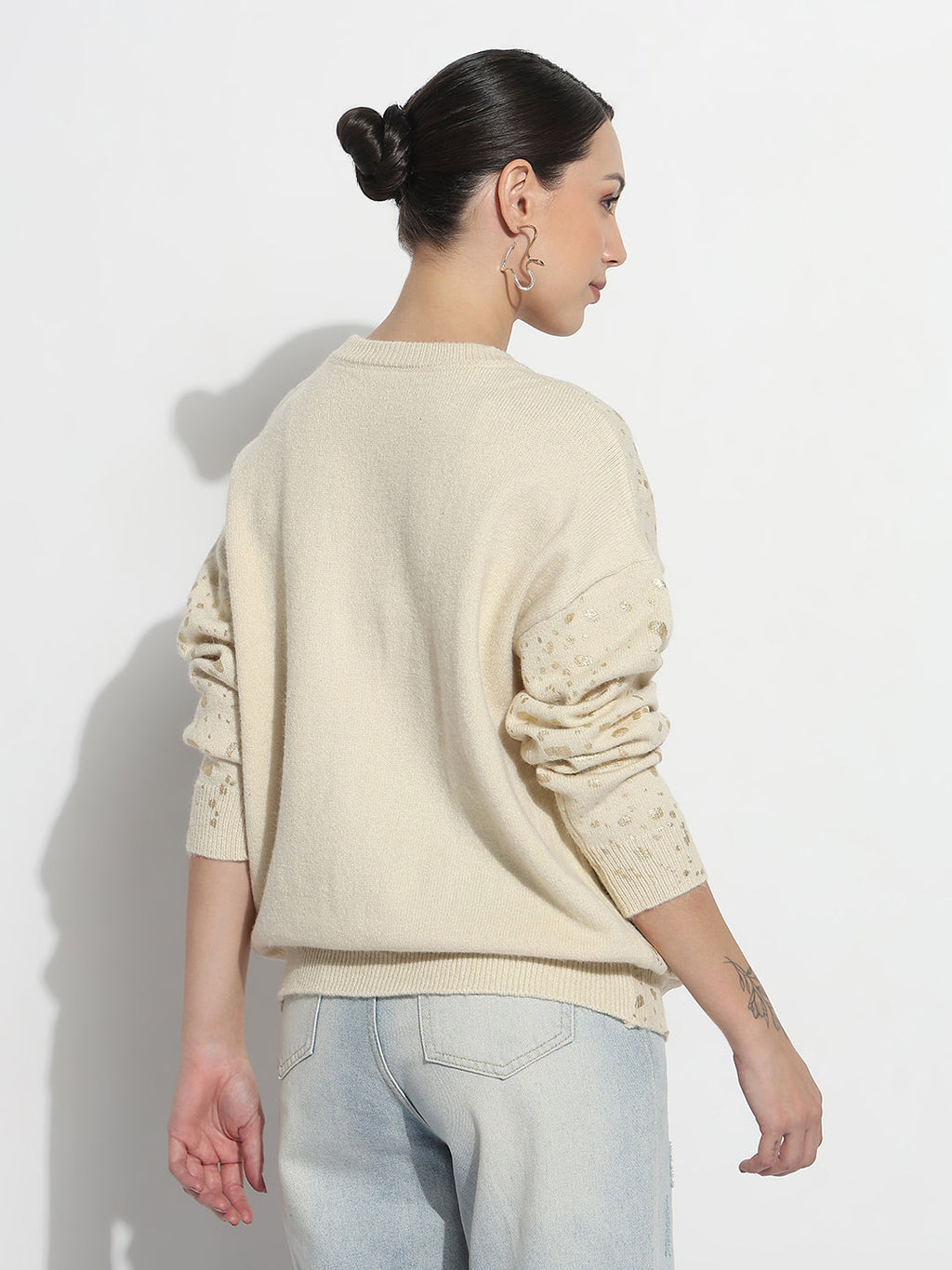 Women's Abstract Cream Round Neck Top with Gold Speckled