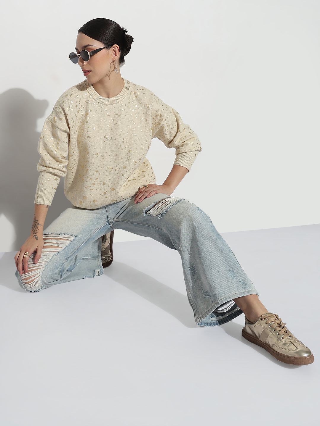 Women's Abstract Cream Round Neck Top with Gold Speckled