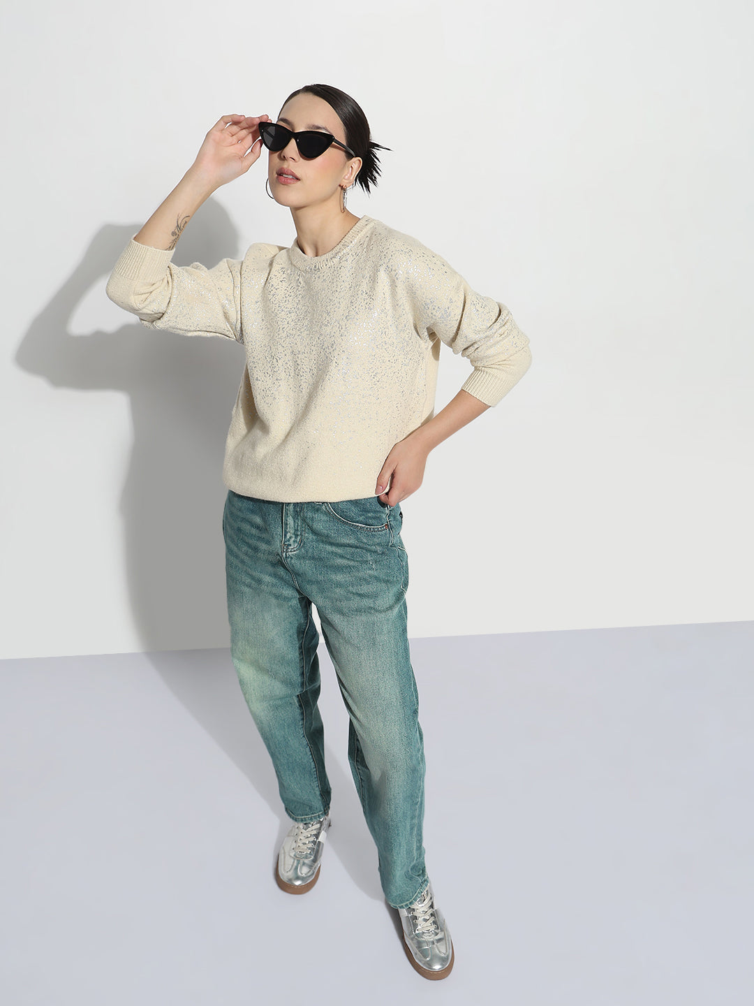 Women's Abstract Cream Round Neck Top with Metallic Speckled