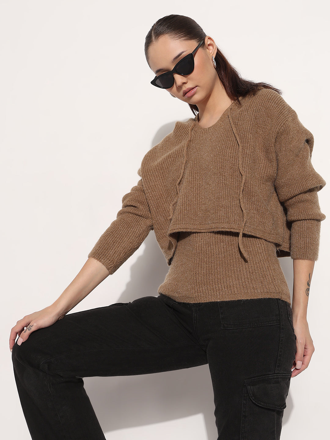 Women's Knitted Brown Layered Tank Top with Hooded Sweater