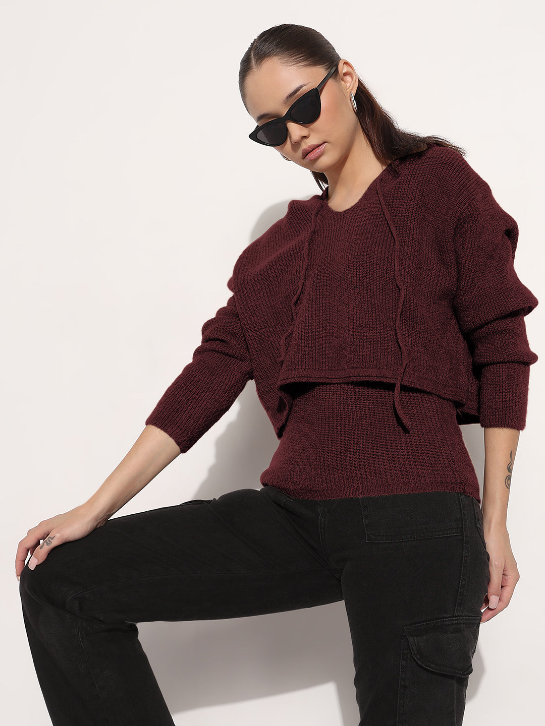 Women's Knitted Burgundy Layered Tank Top with Hooded Sweater