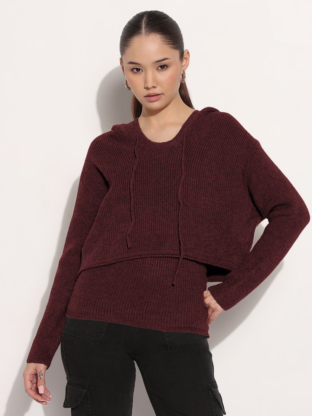 Women's Knitted Burgundy Layered Tank Top with Hooded Sweater