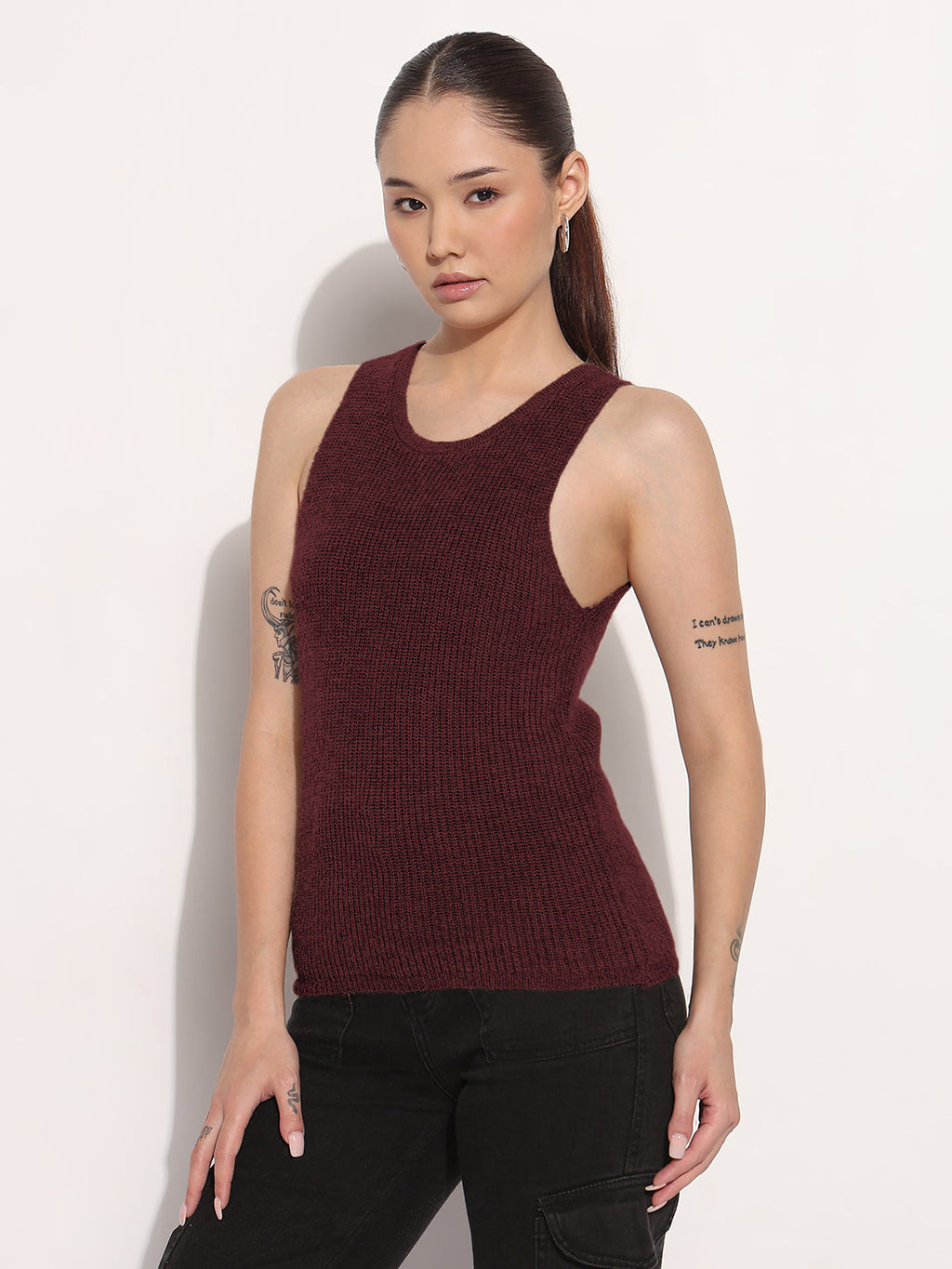 Women's Knitted Burgundy Layered Tank Top with Hooded Sweater