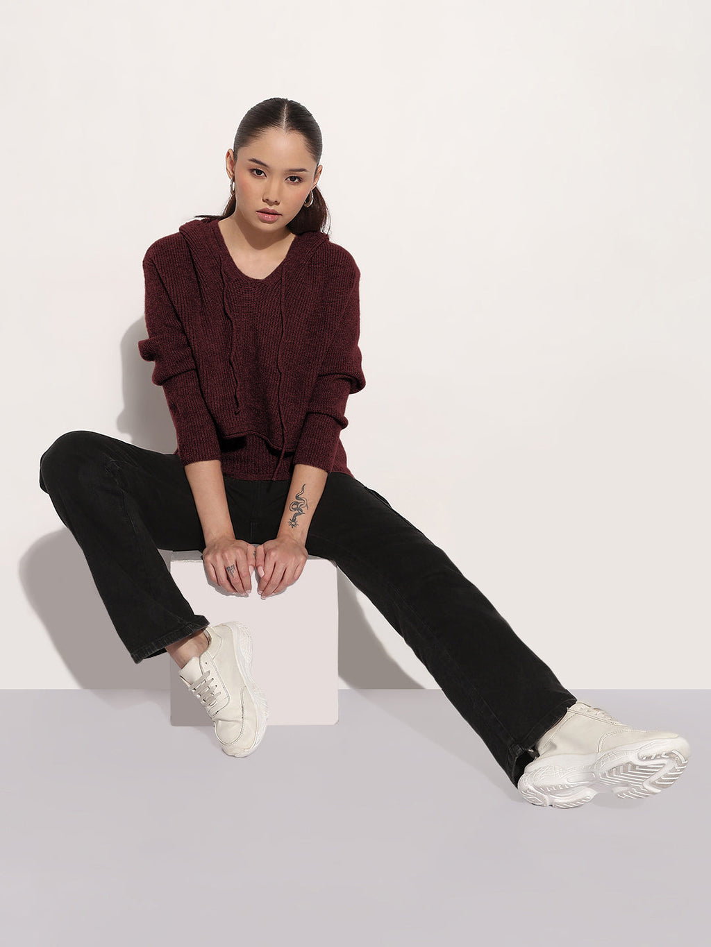 Women's Knitted Burgundy Layered Tank Top with Hooded Sweater