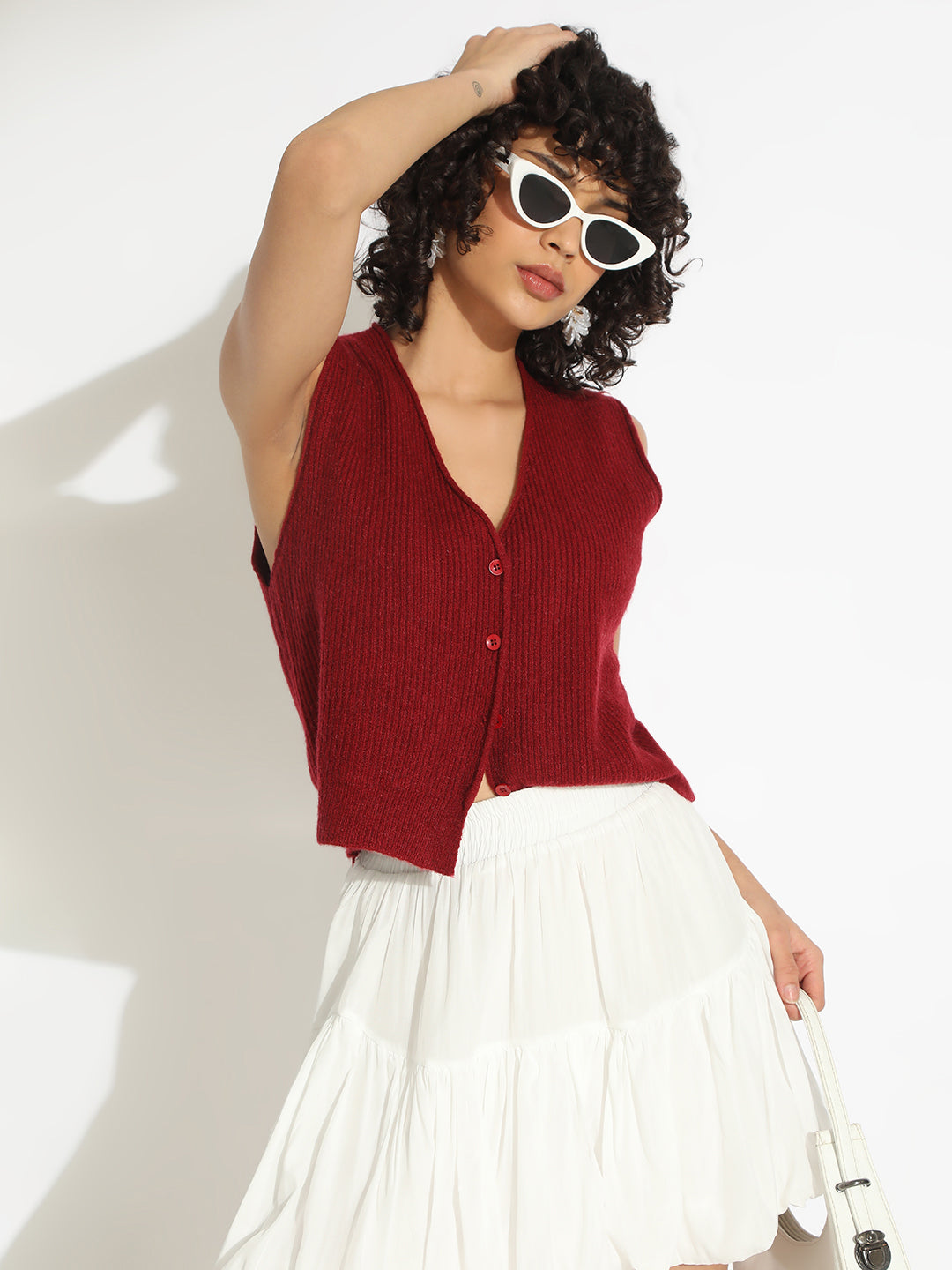 Women's Red Ribbed Vest Top