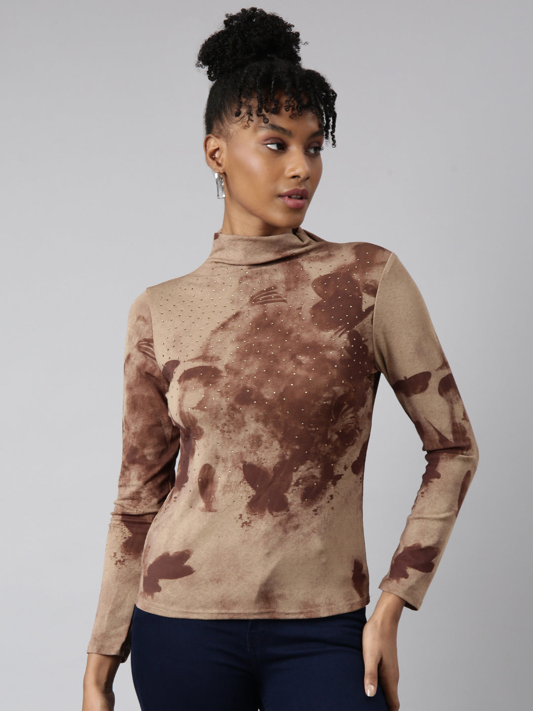 Women's Brown Abstract Printed High Neck Fitted Top