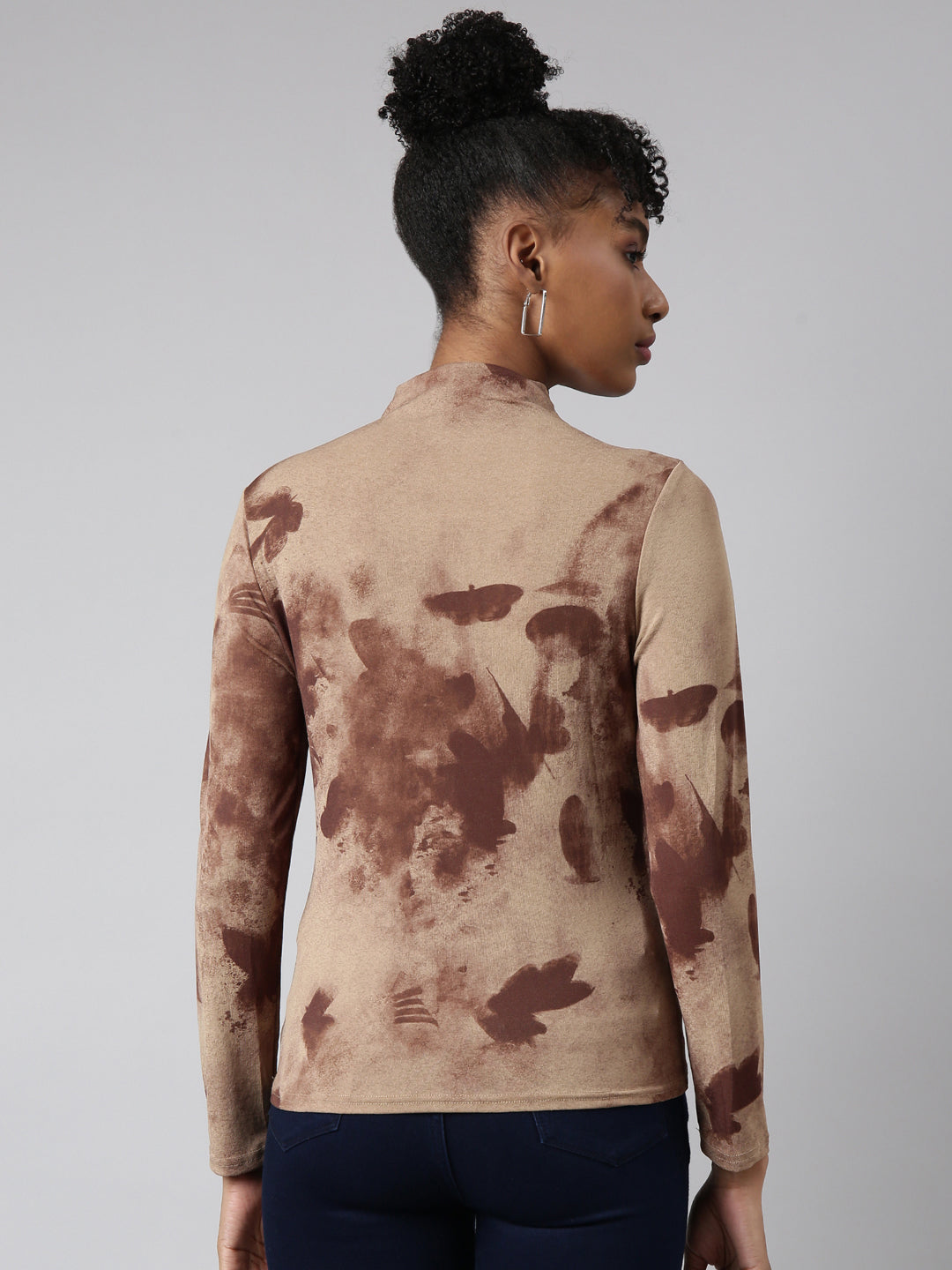 Women's Brown Abstract Printed High Neck Fitted Top