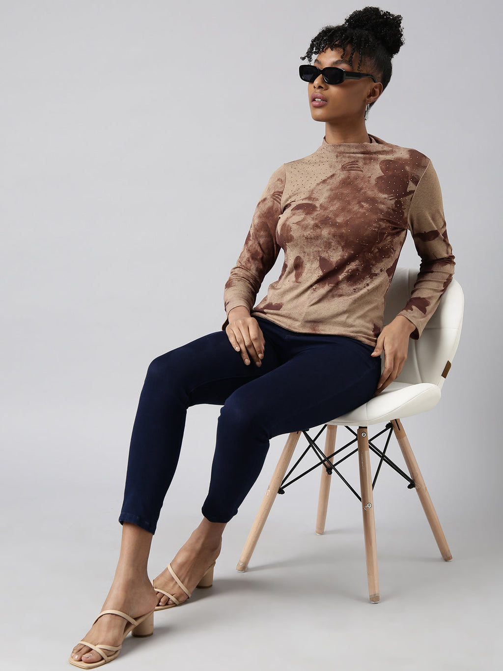 Women's Brown Abstract Printed High Neck Fitted Top