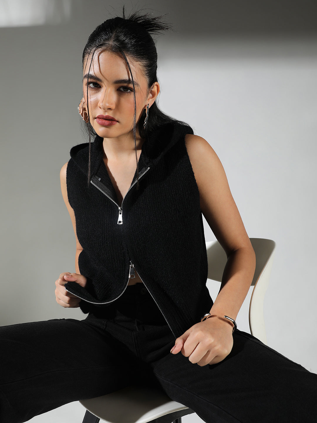 Women's Ribbed Black Hooded Sleeveless Top with Zip