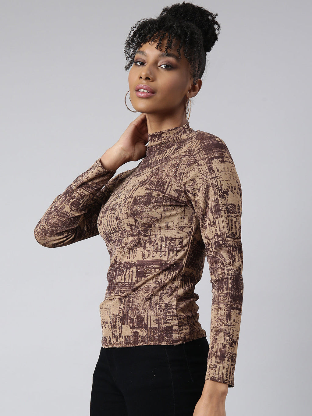 Women's Brown Abstract Printed High Neck Studded Fitted Top