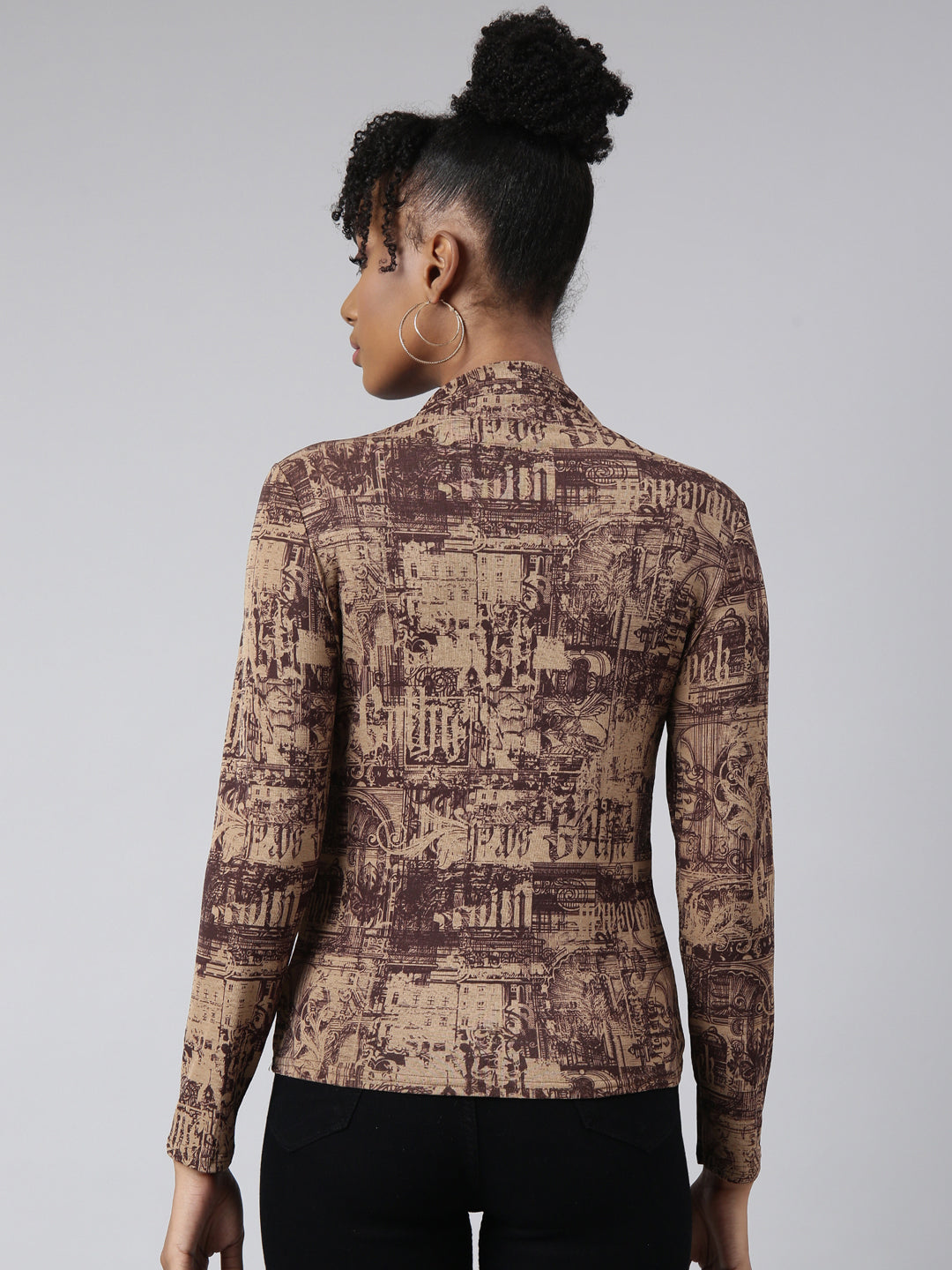 Women's Brown Abstract Printed High Neck Studded Fitted Top