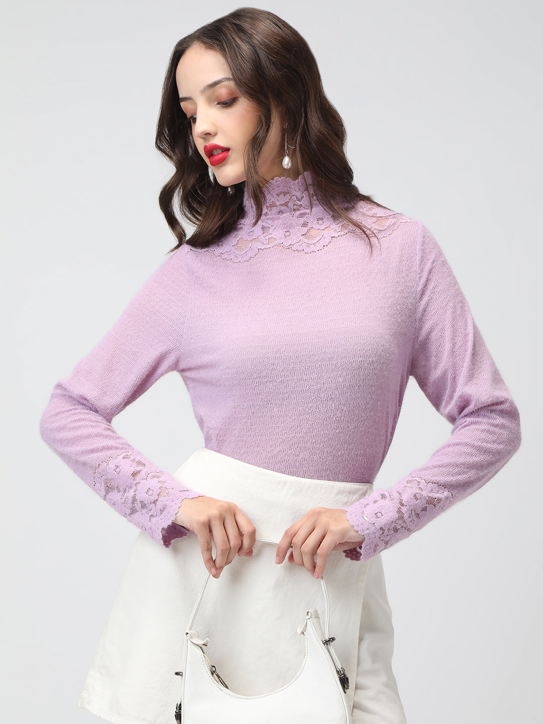 Women's Textured Lavender Long Sleeve Top with Lace Trim Details