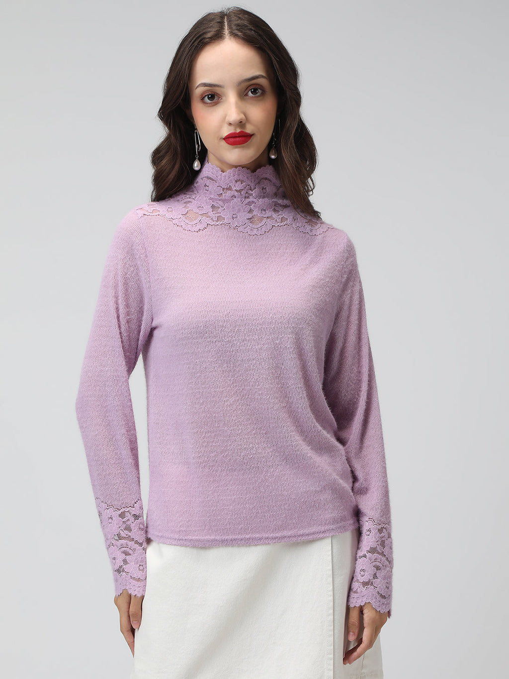 Women's Textured Lavender Long Sleeve Top with Lace Trim Details