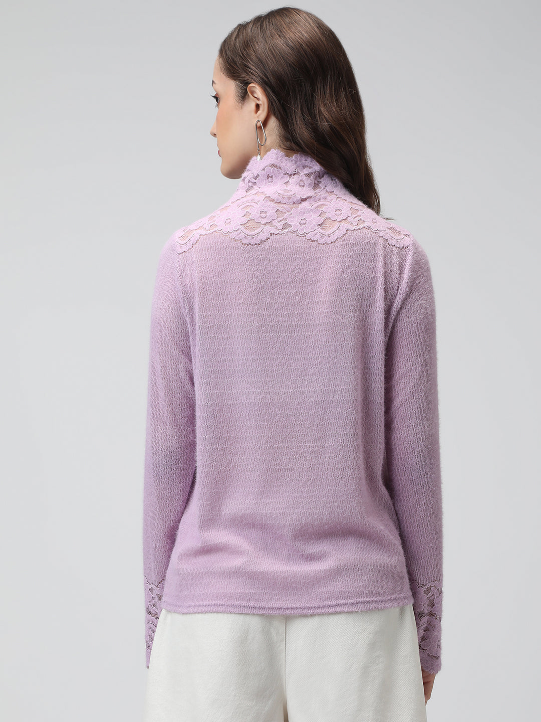 Women's Textured Lavender Long Sleeve Top with Lace Trim Details