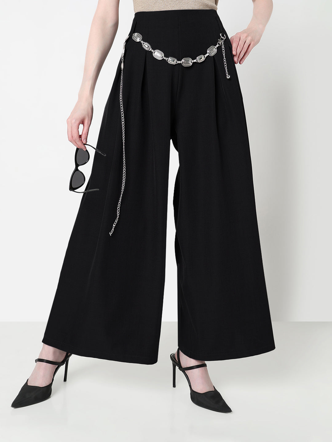 Women's Pleated Black Wide Leg Trousers with Belt