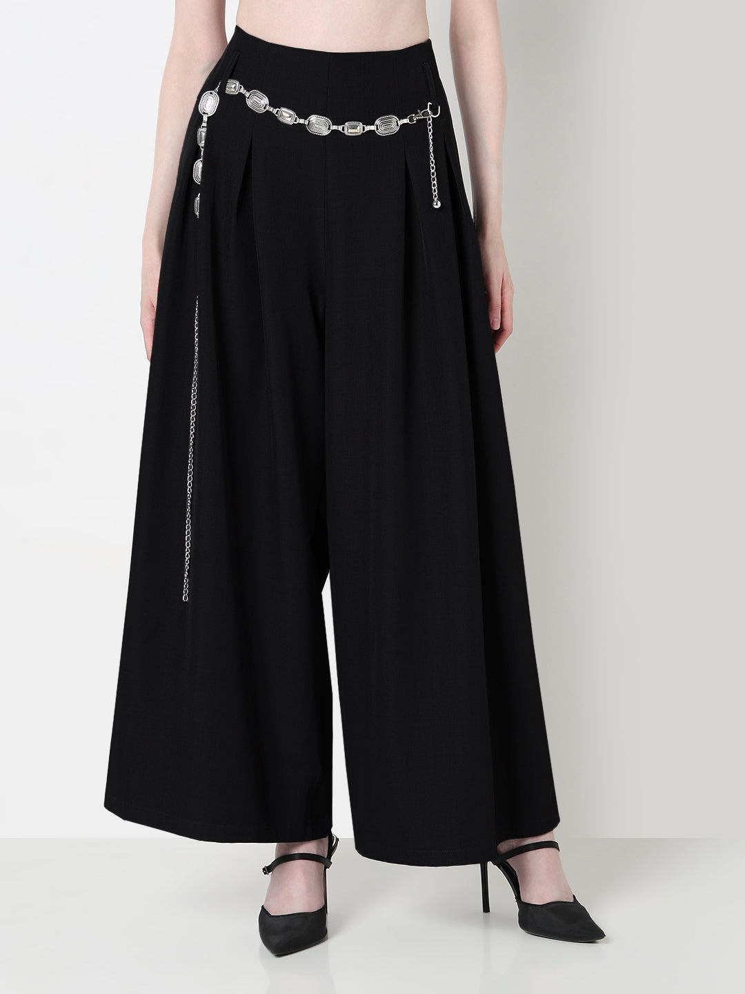 Women's Pleated Black Wide Leg Trousers with Belt