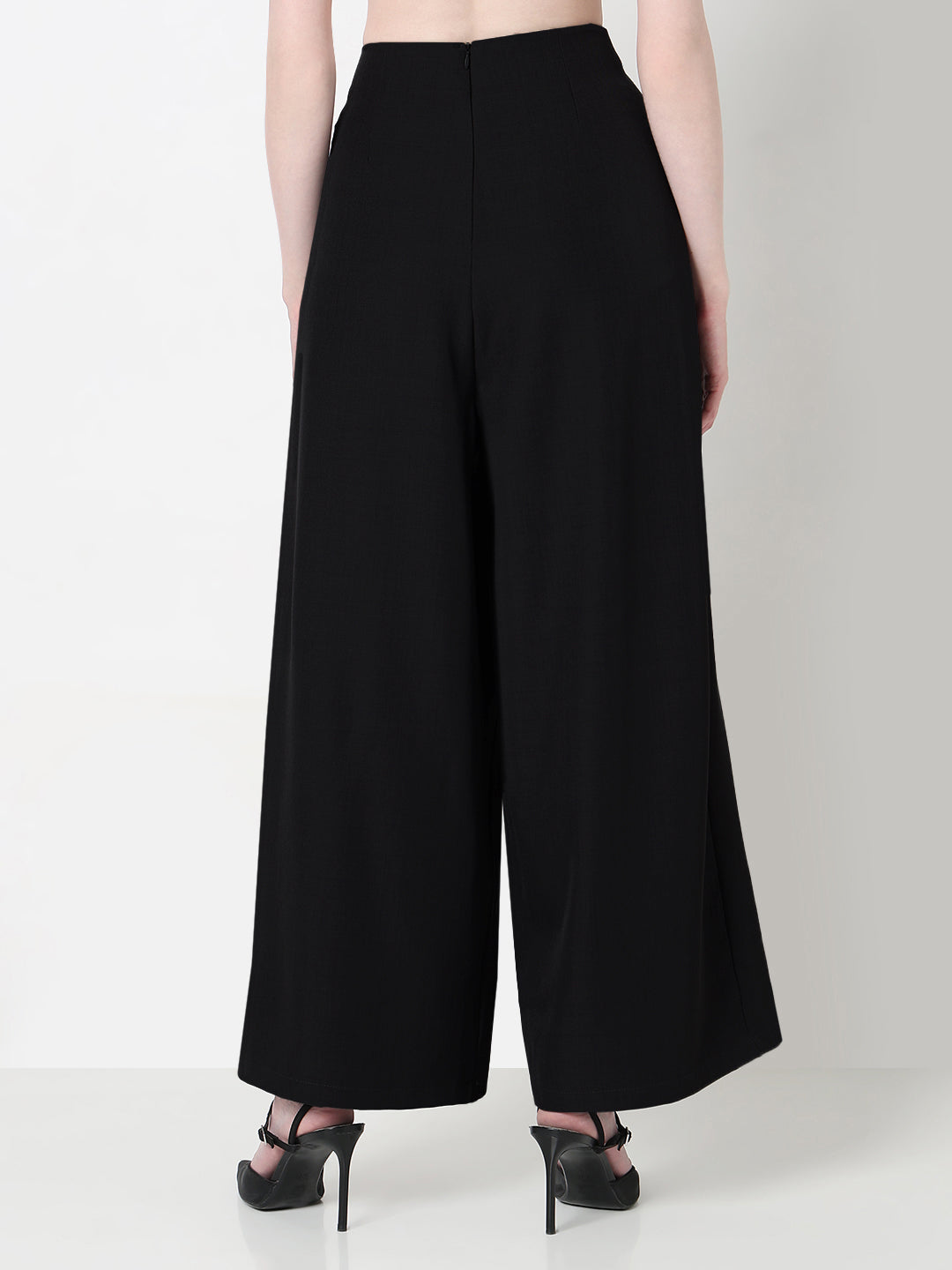 Women's Pleated Black Wide Leg Trousers with Belt