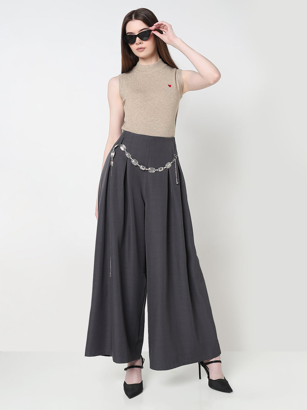 Women's Pleated Grey Wide Leg Trousers with Belt