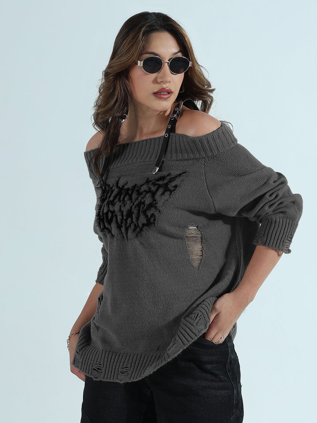 Women's Distressed Grey Off-Shoulder Sweater with Grunge Detailing