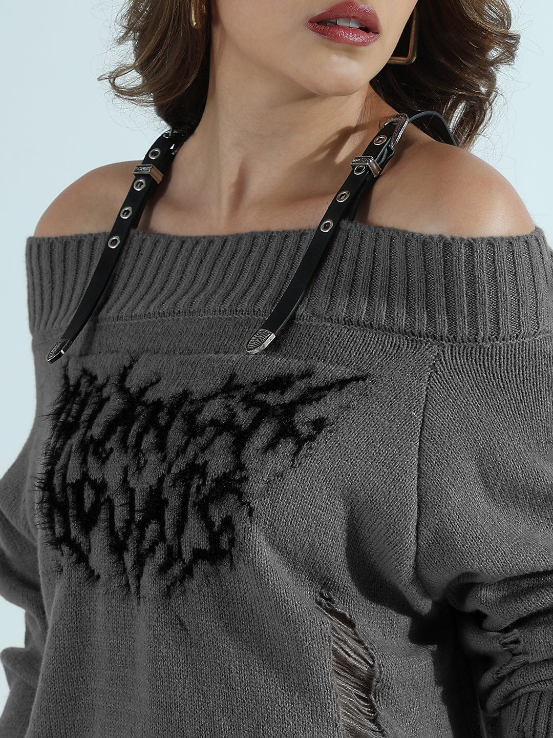 Women's Distressed Grey Off-Shoulder Sweater with Grunge Detailing