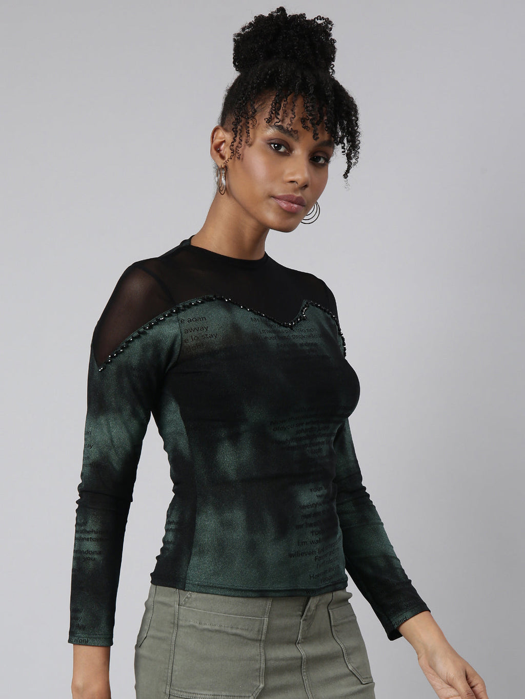 Women's Black Round Neck Shimmer Casual Fitted Top