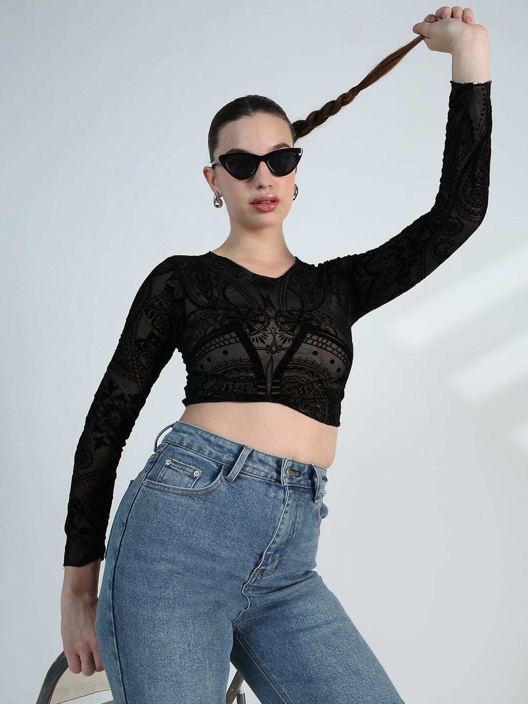 Women's Printed Round Neck Black Mesh Crop Top