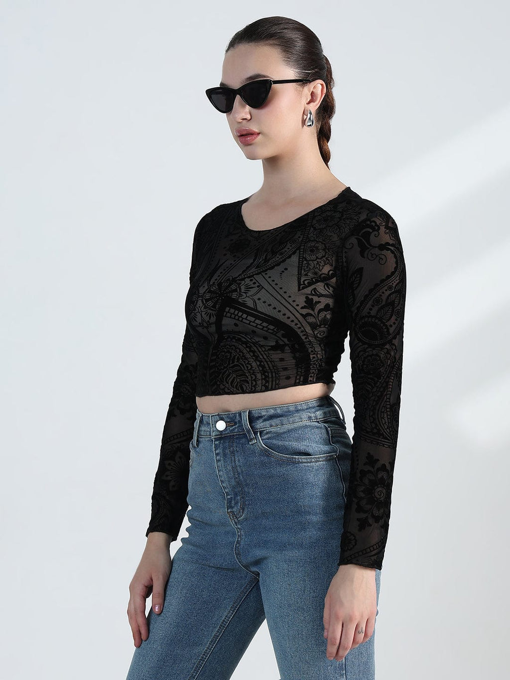Women's Printed Round Neck Black Mesh Crop Top