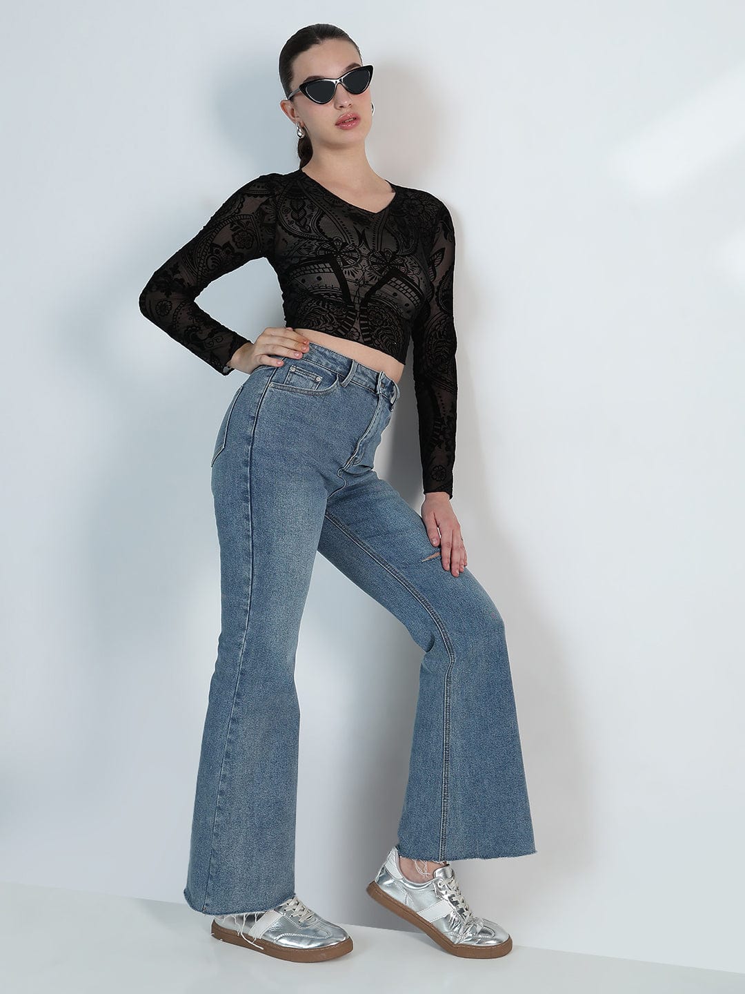 Women's Printed Round Neck Black Mesh Crop Top