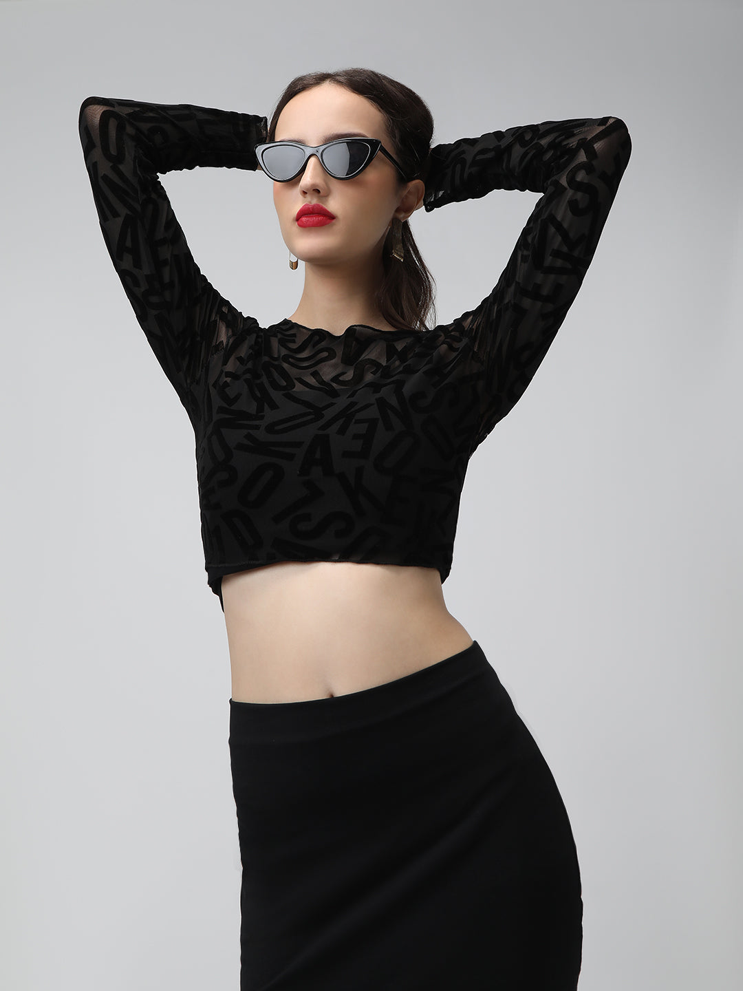 Women's Typography Black Sheer Fitted Mesh Crop Top