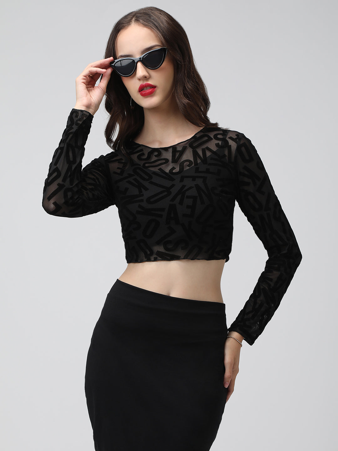 Women's Typography Black Sheer Fitted Mesh Crop Top