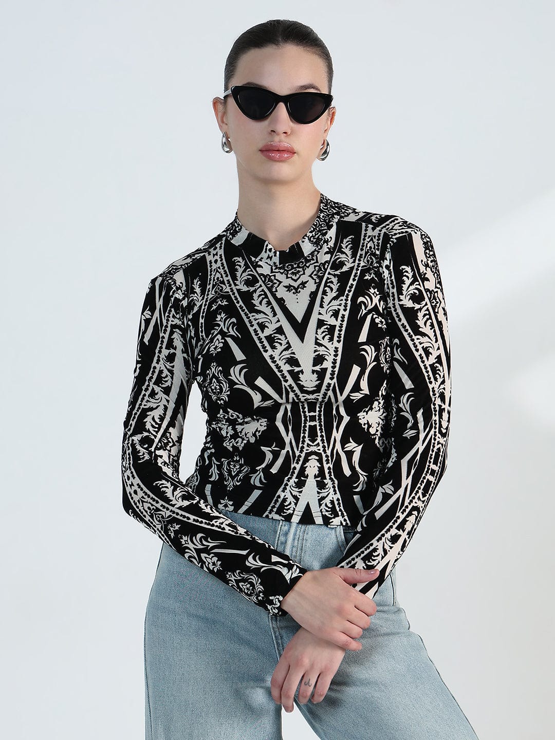 Women's Printed Black Mesh Full Sleeve Top