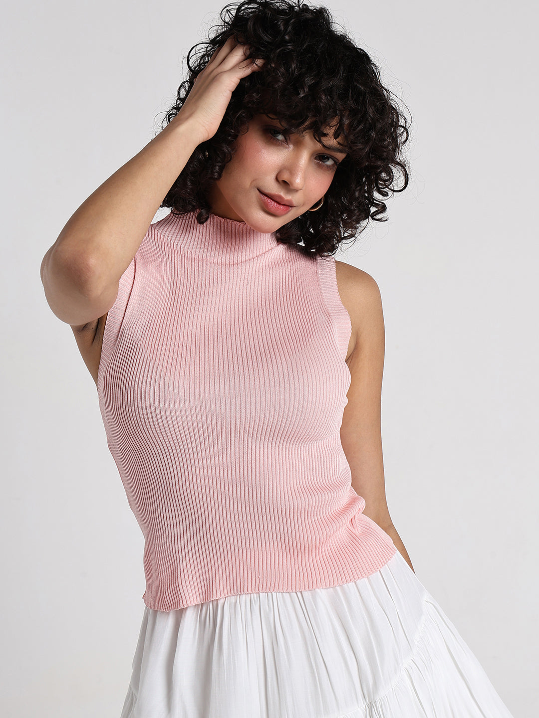 Women's Peach Ribbed Sleeveless High Neck Top