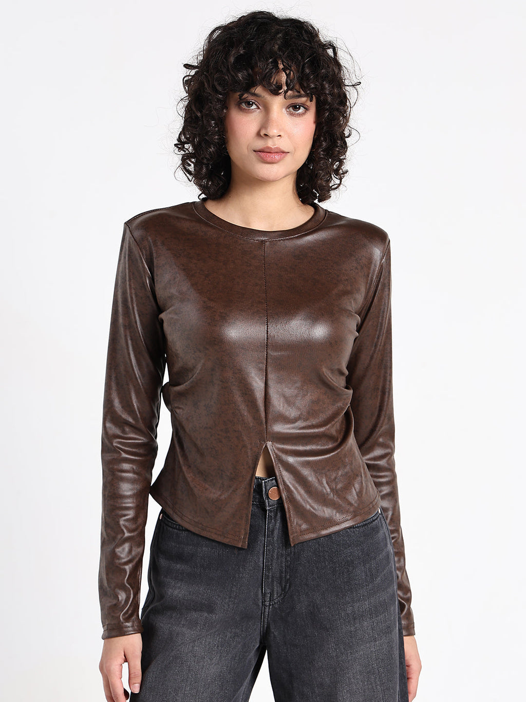 Women's Brown Long Sleeve Faux Leather Top with Front Slit