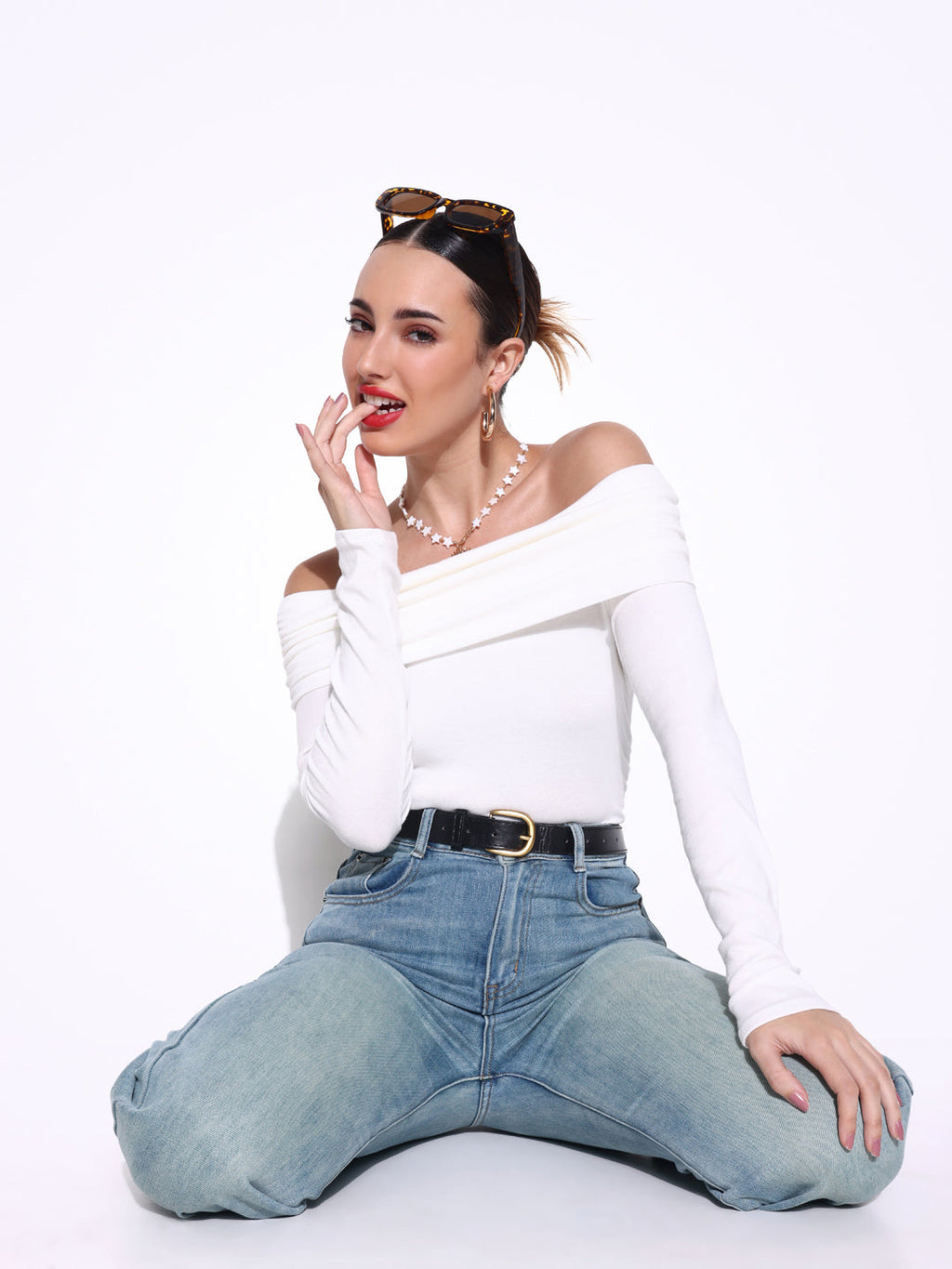 Women's White Ruched Full Sleeves Off Shoulder Top