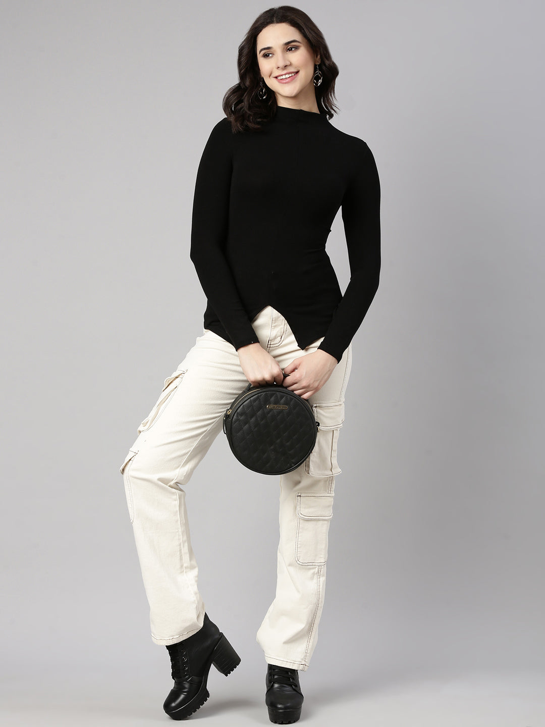 Women's Black High Neck Long Sleeves Top