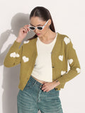 Women's Knitted Green V-Neck Cardigan Top with Heart Embellishments and Buttons