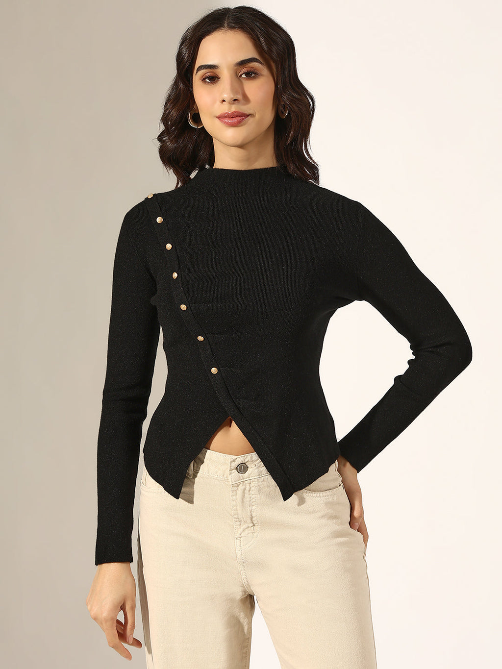 Women's Knitted Black Top with Asymmetric Hem & Button Detail