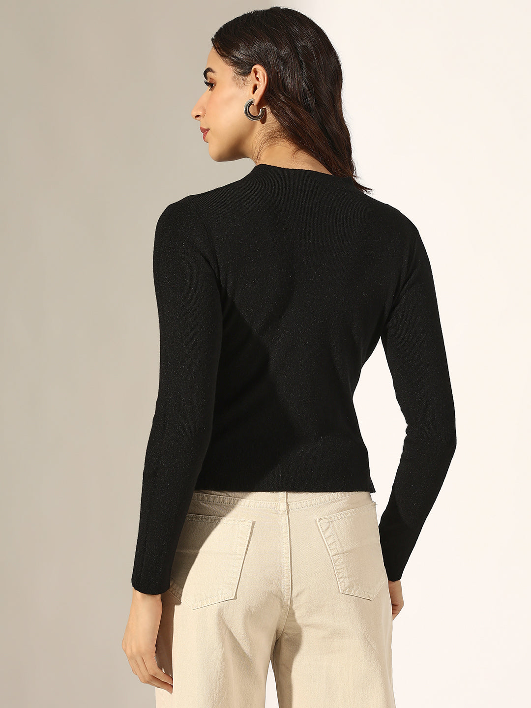 Women's Knitted Black Top with Asymmetric Hem & Button Detail