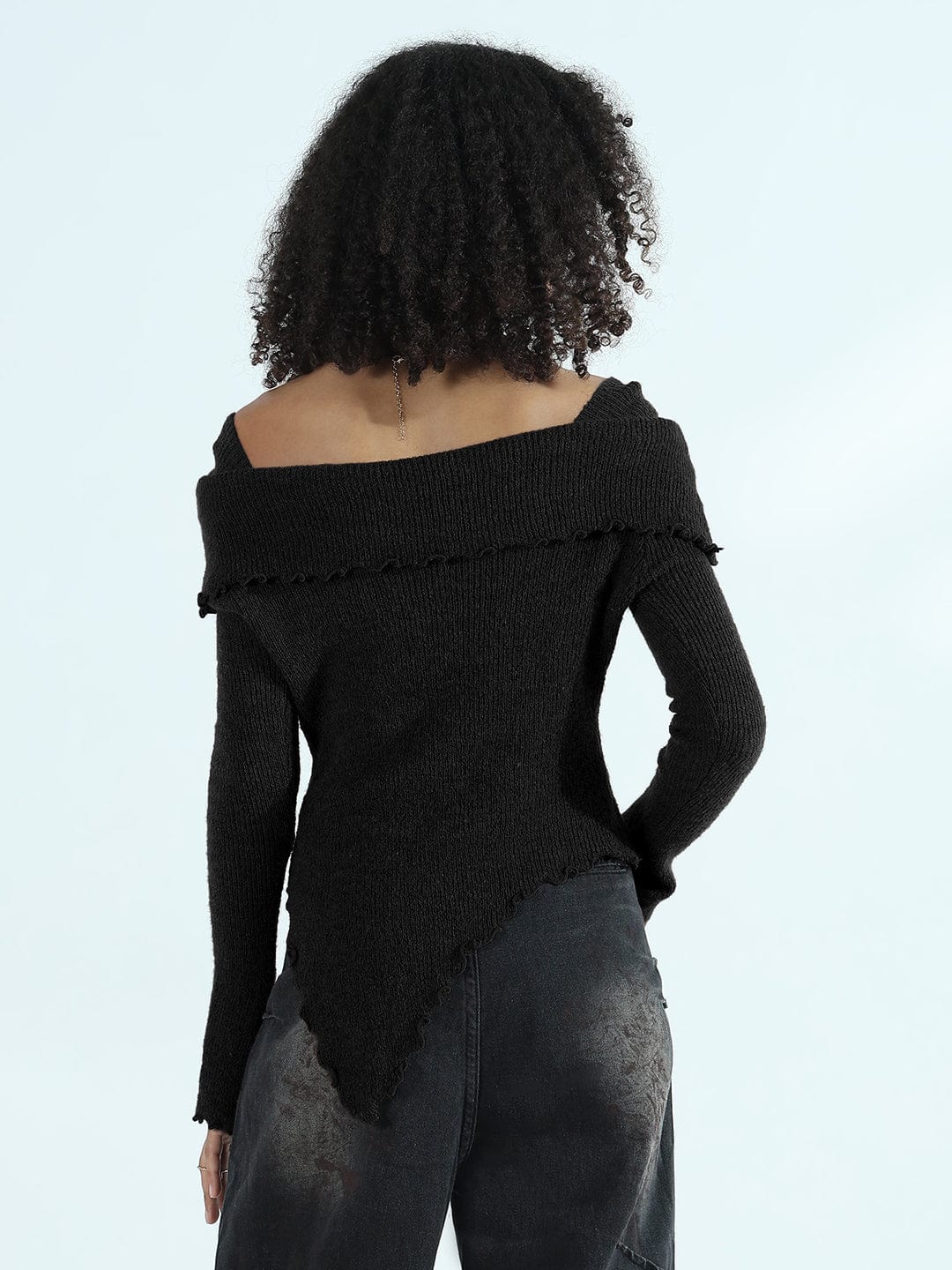 Women's Textured Black Asymmetric Off-Shoulder Knit Top