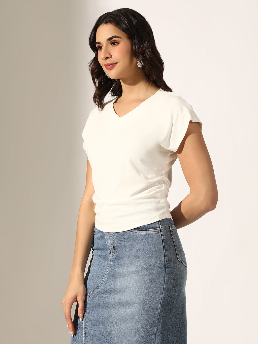 Women's White V-Neck Top with Cap Sleeves