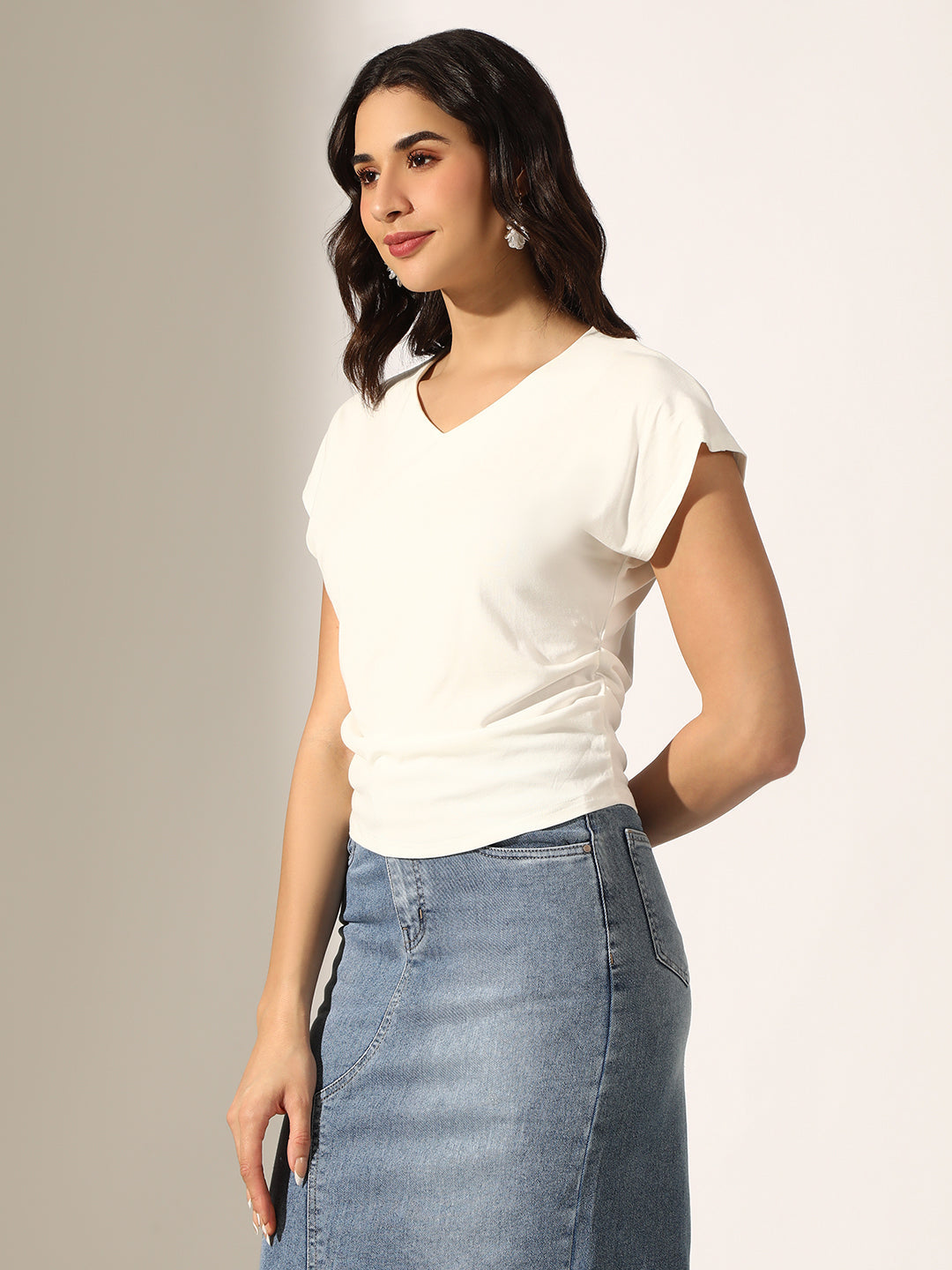 Women's White V-Neck Top with Cap Sleeves