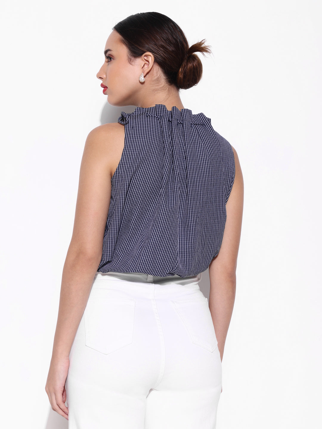 Women's Navy Checked Blue Balloon Crop Top with Neck Tie