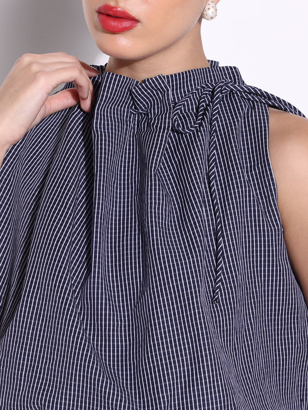 Women's Navy Checked Blue Balloon Crop Top with Neck Tie