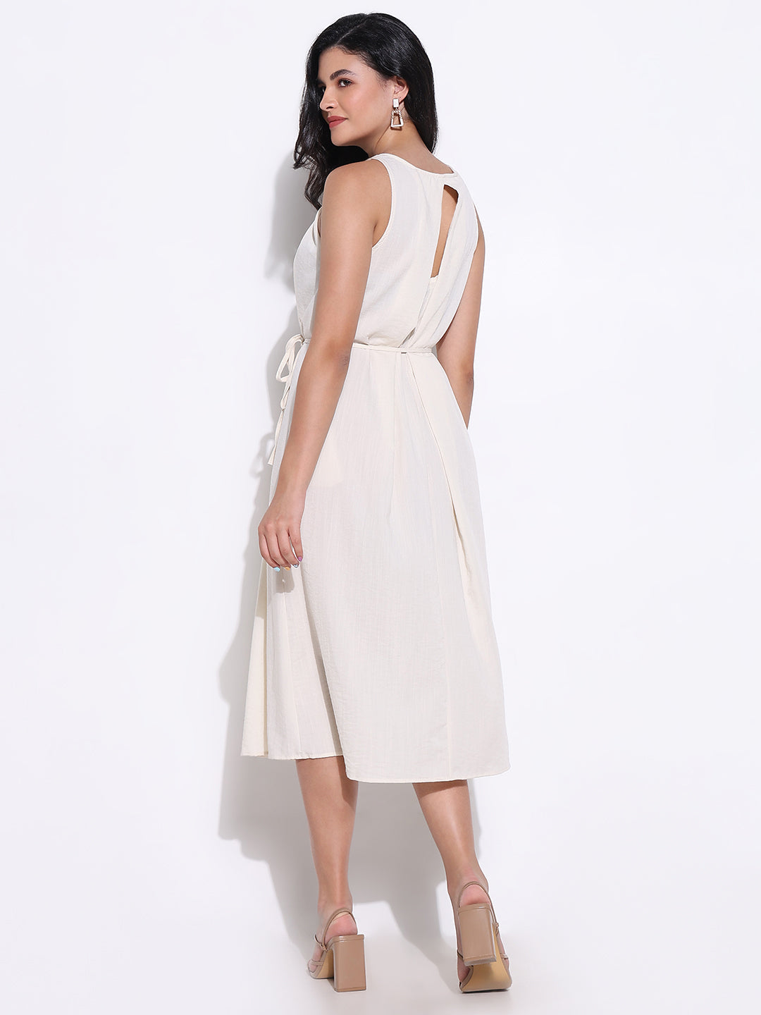 Women's Pleated Cream Round Neck Slip on Midi Dress waist Tie