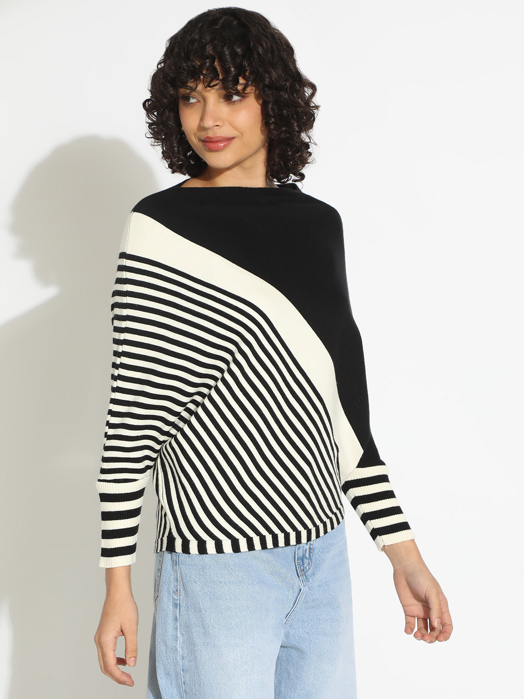 Women's Striped Colour blocked Black & White Top