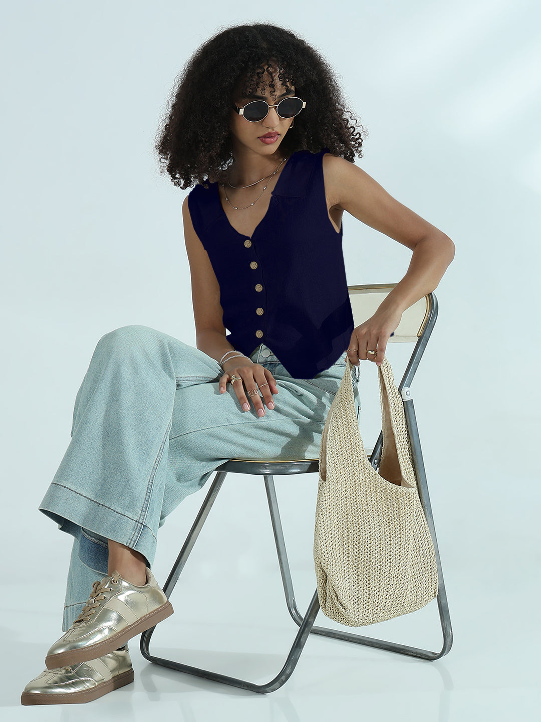 Women's Navy Blue Vest Top with Gold Buttons
