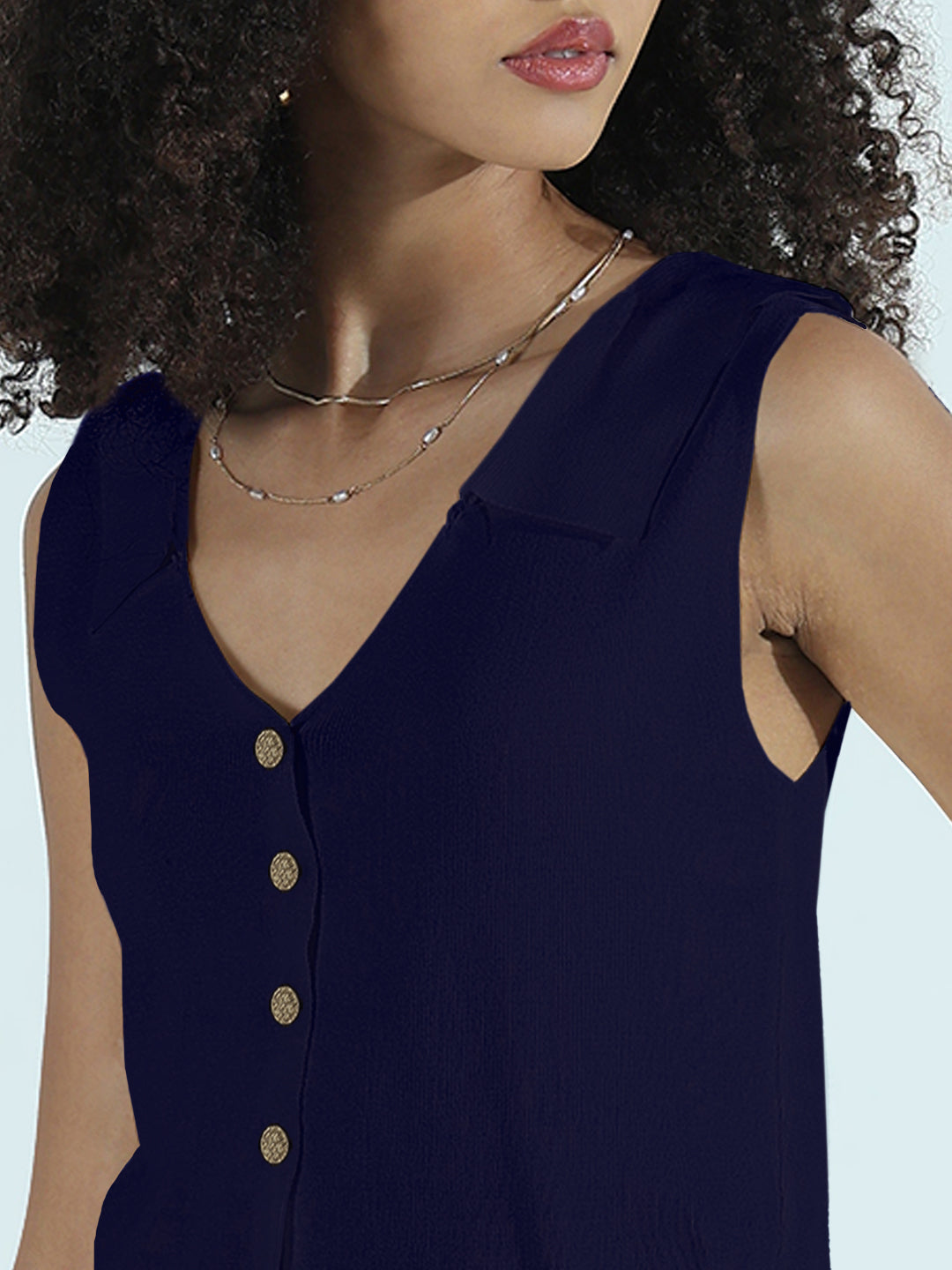 Women's Navy Blue Vest Top with Gold Buttons